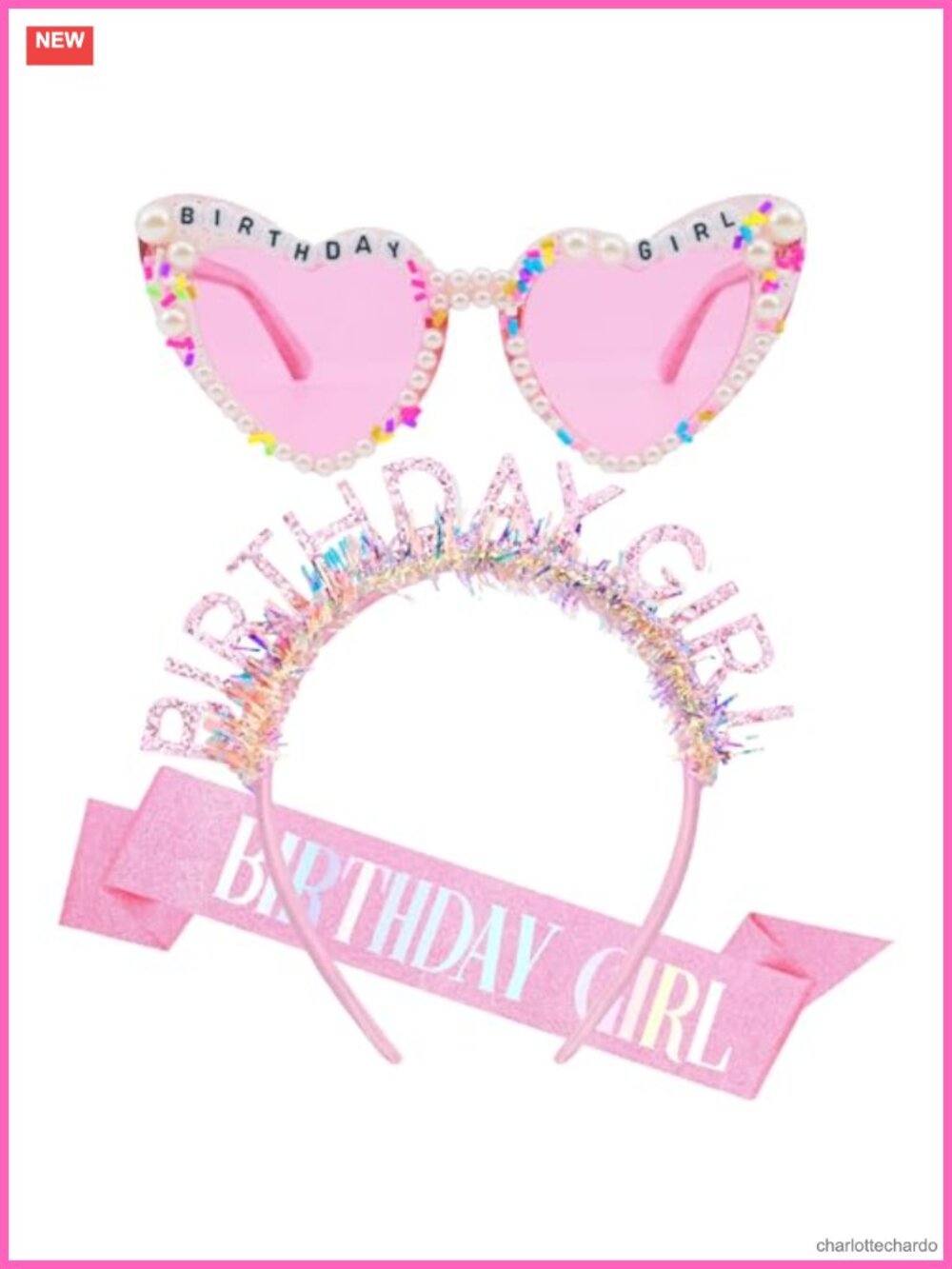 Rhinestone Crown Birthday Girl Glitter Sash Heart Glasses Set Party Accessory